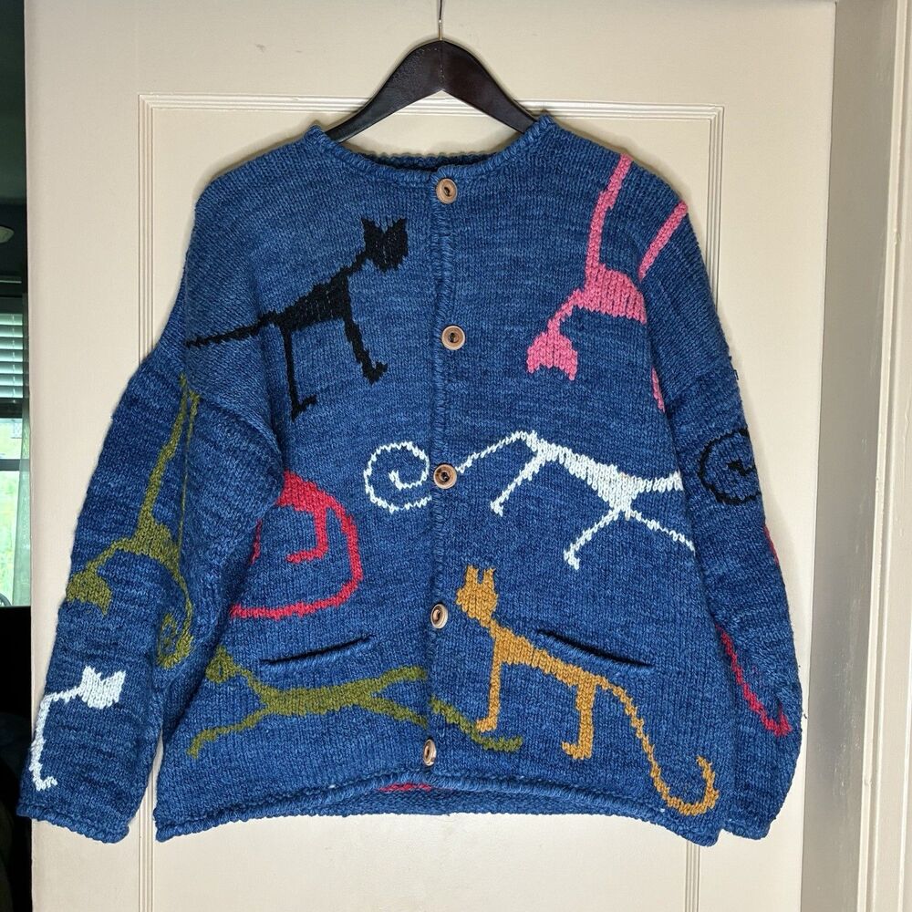 VTG Amano Cardigan Bolivia 100% Wool Oversized Sweater Cats Animals Folk Art